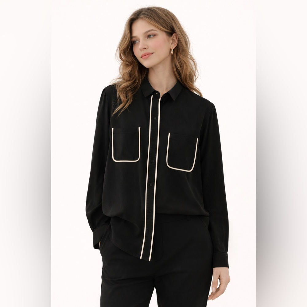 Emporio Armani ICON Black Silk Blouse w/ Contrast Trim Pockets Size 38